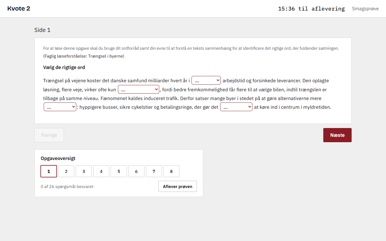 Prøverummet med timer, opgave og opgaveoversigt